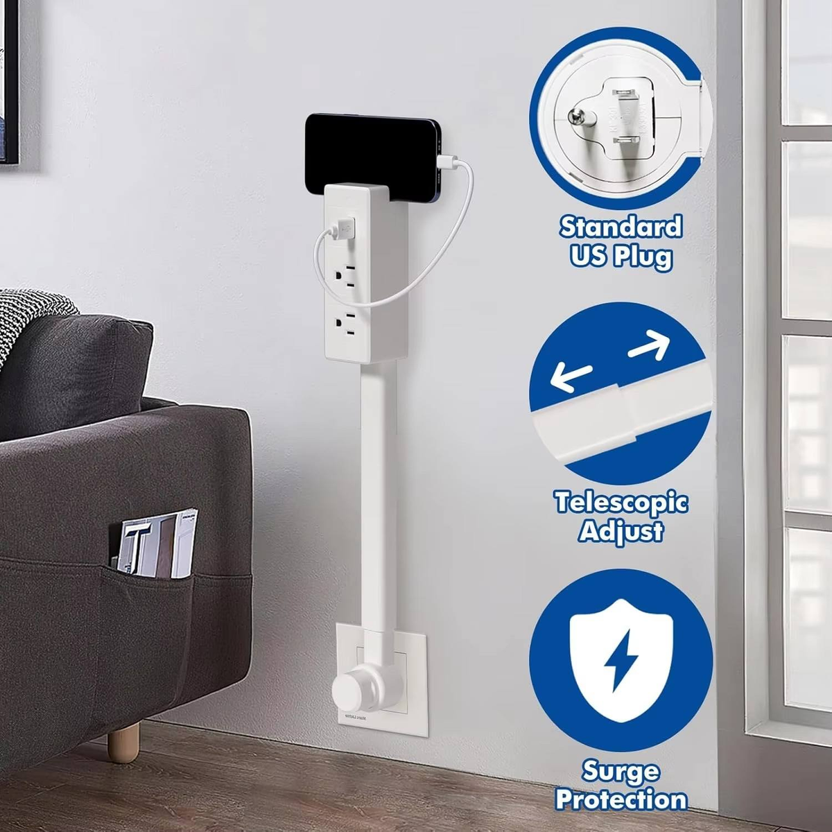 Extensor de toma de corriente US retráctil ™  con toma giratoria 180°