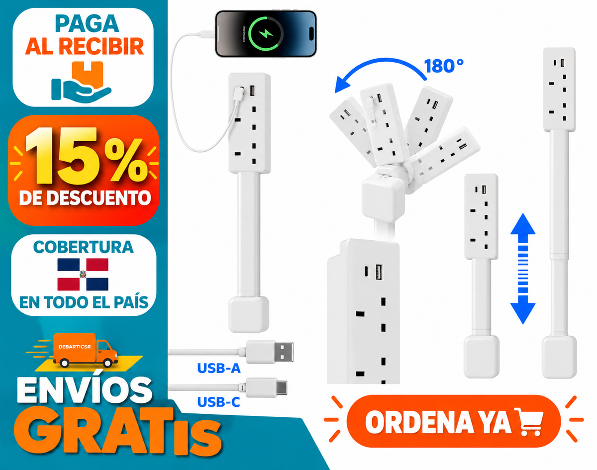 Extensor de toma de corriente US retráctil ™  con toma giratoria 180°