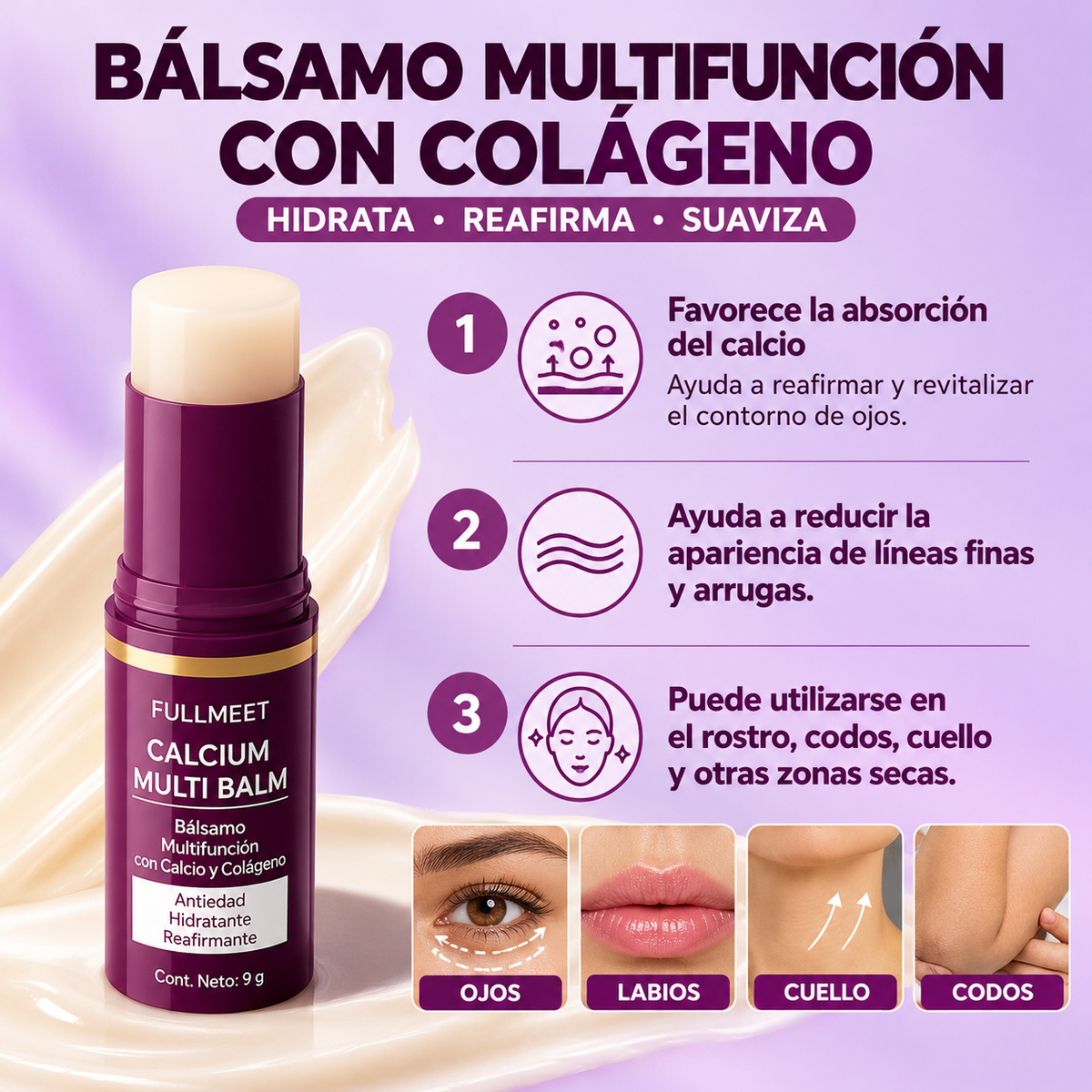 OFERTA 2X1 Bálsamo multiusos calcio™, contorno de arrugas, hidratante con colágeno y vitamina E para labios, contorno de ojos y cuello